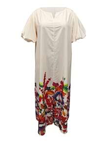 Plus Size Women Boho Floral Print V-Neck Elegant Dress, For Summer - Multicolor - View 4