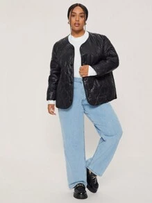 SHEIN BASICS Plus Size Solid Color V-Neck Long Sleeve Loose Padded Coat - Black - View 3