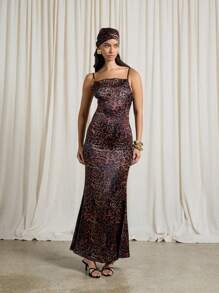 AiiRZ Leopard Print Cowl Neck Spaghetti Strap Backless Fitted Maxi Dress With Matching Bandana - Brown - View 1