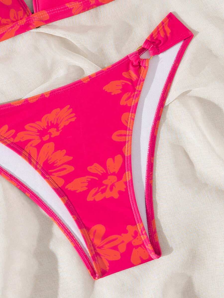 Random Floral Print Deep VNeck Thick Strap Sexy Bikini Top & HighCut