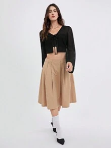 SHEIN EZwear Tie Front Bell Sleeve Crop Top - Black - View 6