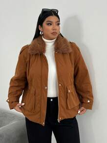 Flirla Plus Size Solid Color Fluffy Patchwork Fox Fur Collar Winter Clothes Casual Padded Padded Coat - Brown - View 2
