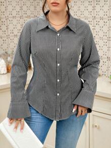 Easura Áo sơ mi sọc thường ngày cỡ lớn, mùa thu - Nhiều màu - Xem 4