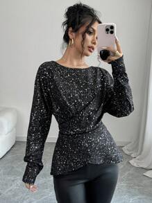 Calvaya 1 szt. Elegancka wysokiej jakości asymetryczna srebrna folia krzyżowa bluzka z długim rękawem dla kobiet z peplum