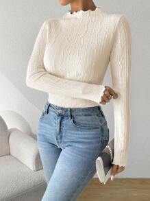 SHEIN Essnce 女士春夏秋季女装纯色生菜边 T 恤立领长袖修身 T 恤修身衬衫秋季上衣