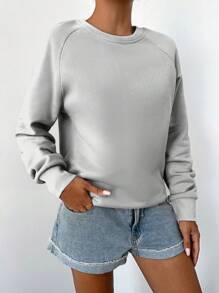 SHEIN Cottnline Women'S Solid Color Raglan Sleeve Sweatshirt - Grey - View 5