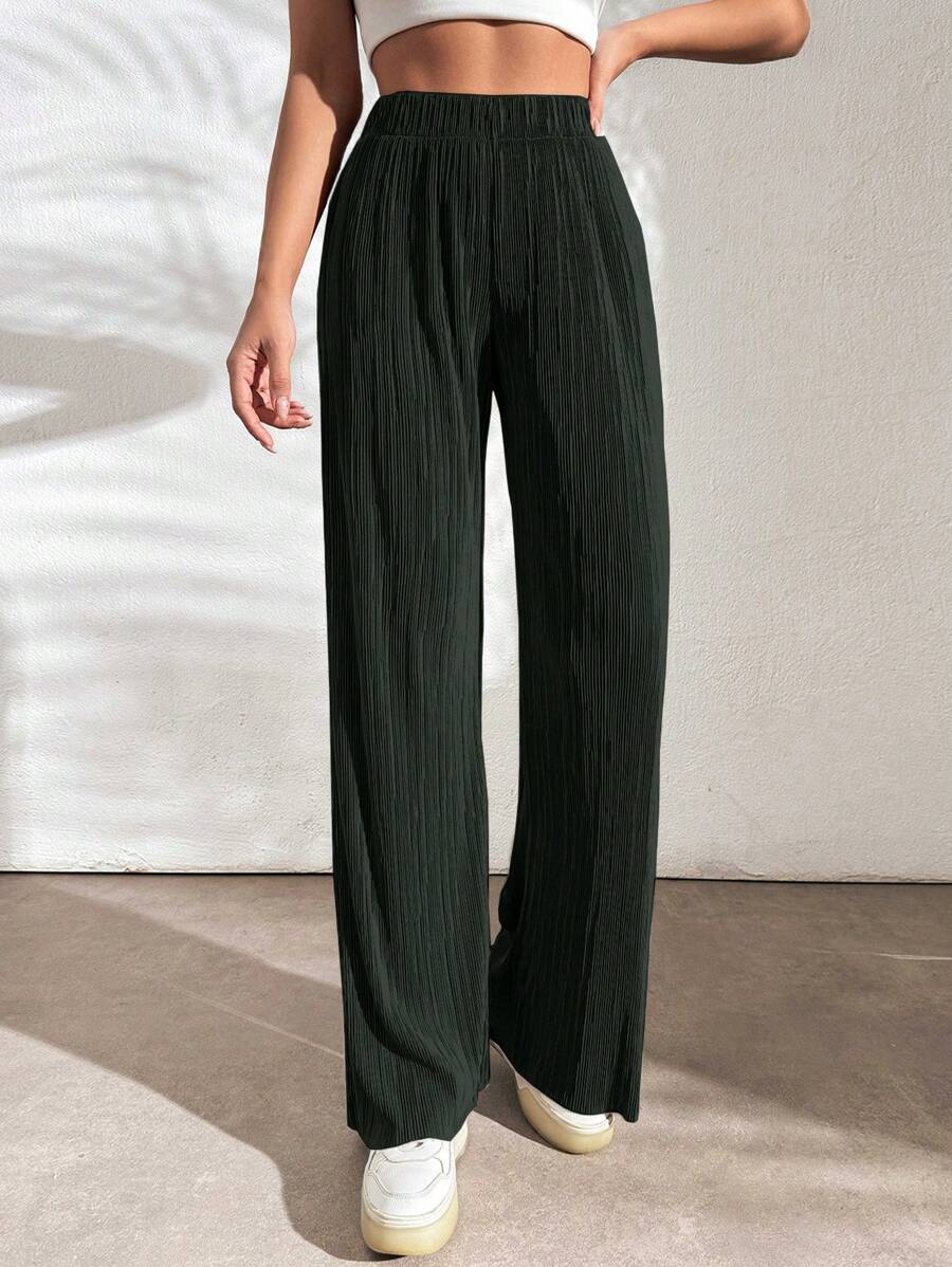 EURMUSE Women Solid Color Simple Daily Woven Ribbed Pants - Army Green - View 1