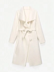 Muchica 女士纯色系带长袖简约大衣 - 杏色 - 查看 1