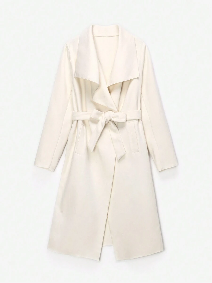 Muchica 女士纯色系带长袖简约大衣 - 杏色 - 查看 1