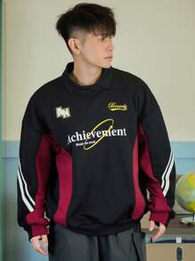 DAZY Men's Patchwork Letter Print Pullover Sweatshirt, Autumn - Black - View 1