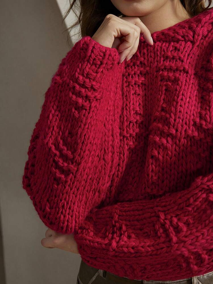 1pc Women's Elegant Embellished Red Oversized Hooded Sweater Knit Pullover Fall Winter