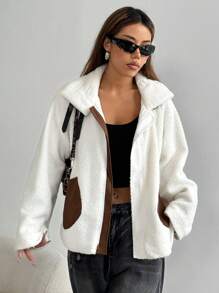 Flirla Women Casual Contrast Color Dropped Shoulder Loose Patchwork Pocket Sherpa Jacket, Autumn/Winter Fall Cloth For Women