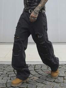 Manfinity EMRG Quần Jeans Nam Túi Và Quần Jeans Rách Dáng Thẳng Rộng Thường Ngày - màu đen - Xem 4