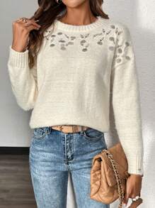 Chiquease Pull décontracté à encolure ronde, épaules tombantes, patchwork de sequins pour femmes, automne/hiver. Pull tricoté d'automne - Beige - Voir 4