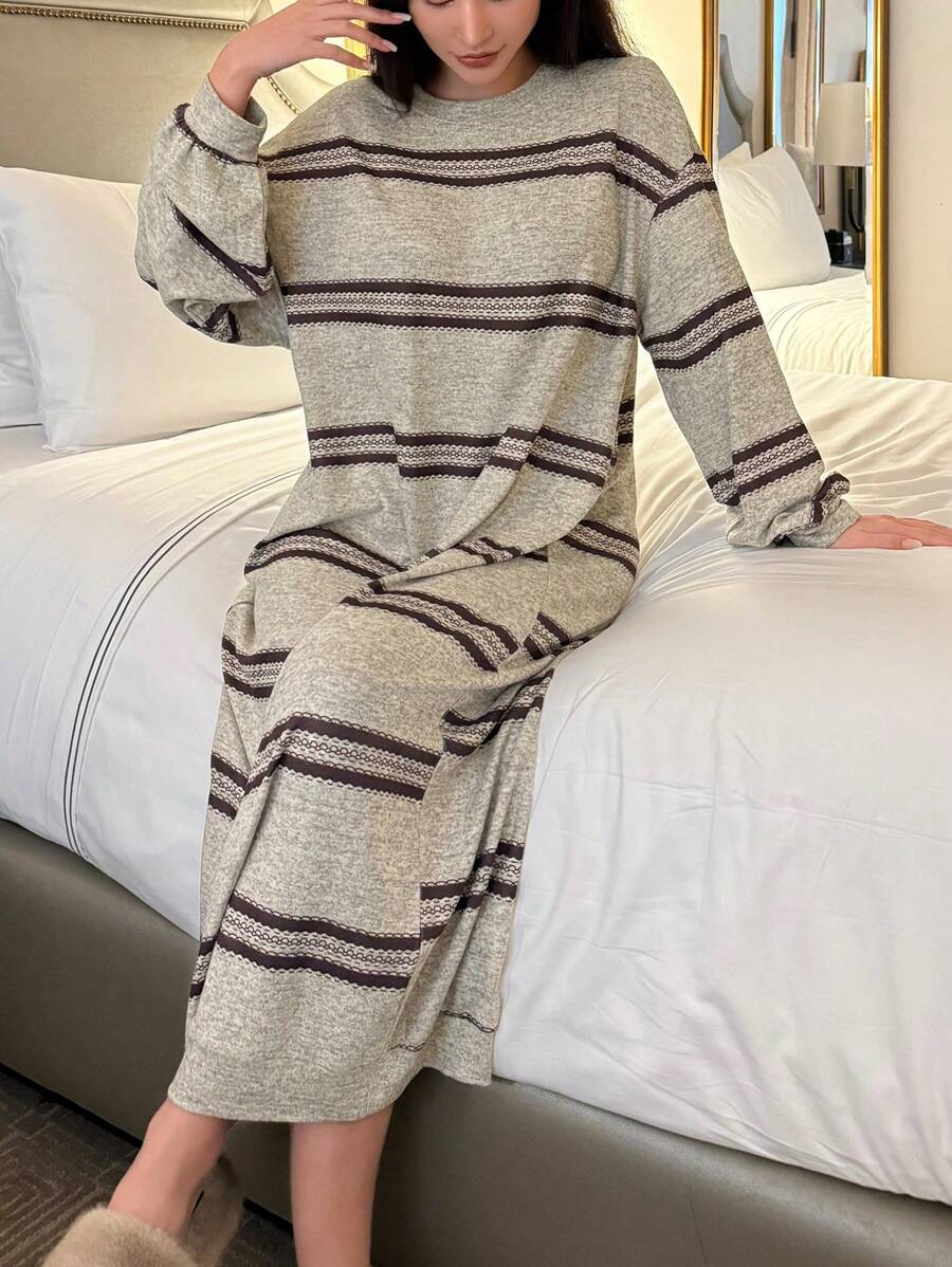 DAZY Fleece Floral Striped Loose Fit Lounge Dress For Winter, Moo Moo, For Fall Winter Pajama, Cozy Outfit