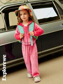 SHEIN 2 件套女孩刺绣字母天鹅绒柔软有弹性运动休闲装，时尚舒适 - 粉色 - 查看 7