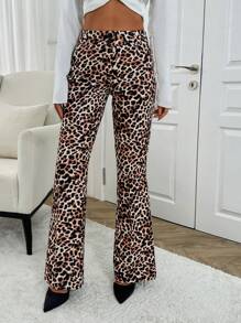 EURMUSE Leopared Printed Flare Leg Pants - Brown - View 1