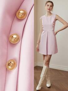 MOTF PREMIUM 纯金纽扣细节褶皱短裙 - 藍色 - 查看 9