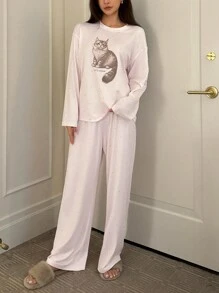 DAZY Cat Print Polka Dot Loose Pajama Set, Fall Winter Clothes