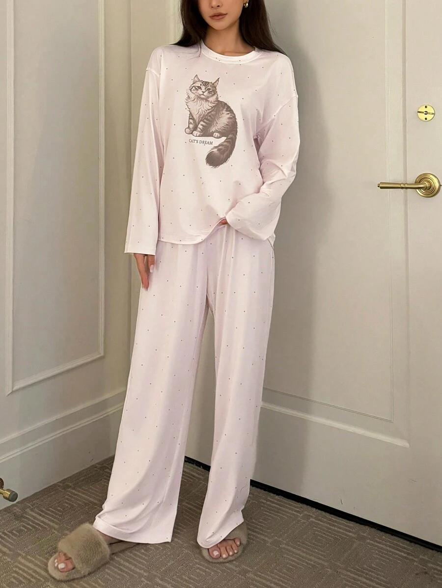 DAZY Cat Print Polka Dot Loose Pajama Set, Fall Winter Clothes