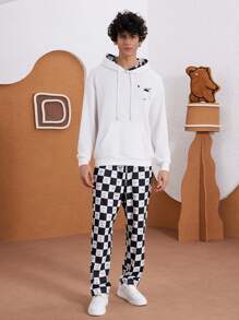 We Bare Bears X SHEIN Men Casual Loose Knit White Bear Graphic Print Hoodie And Checkerboard Sweatpants 2-Piece Set - White - View 5