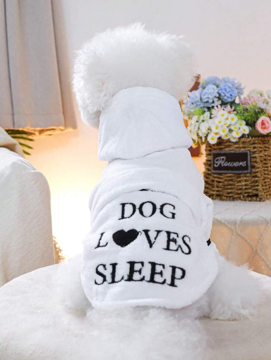 PETSIN 1pc Pet White Bathrobe Embroidered English Text Hooded Open