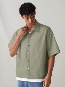 Manfinity VCAY Áo thun polo tay ngắn in họa tiết tiếng Anh dáng rộng thoải mái cho nam, thích hợp mặc hàng ngày - màu xanh lá - Xem 4