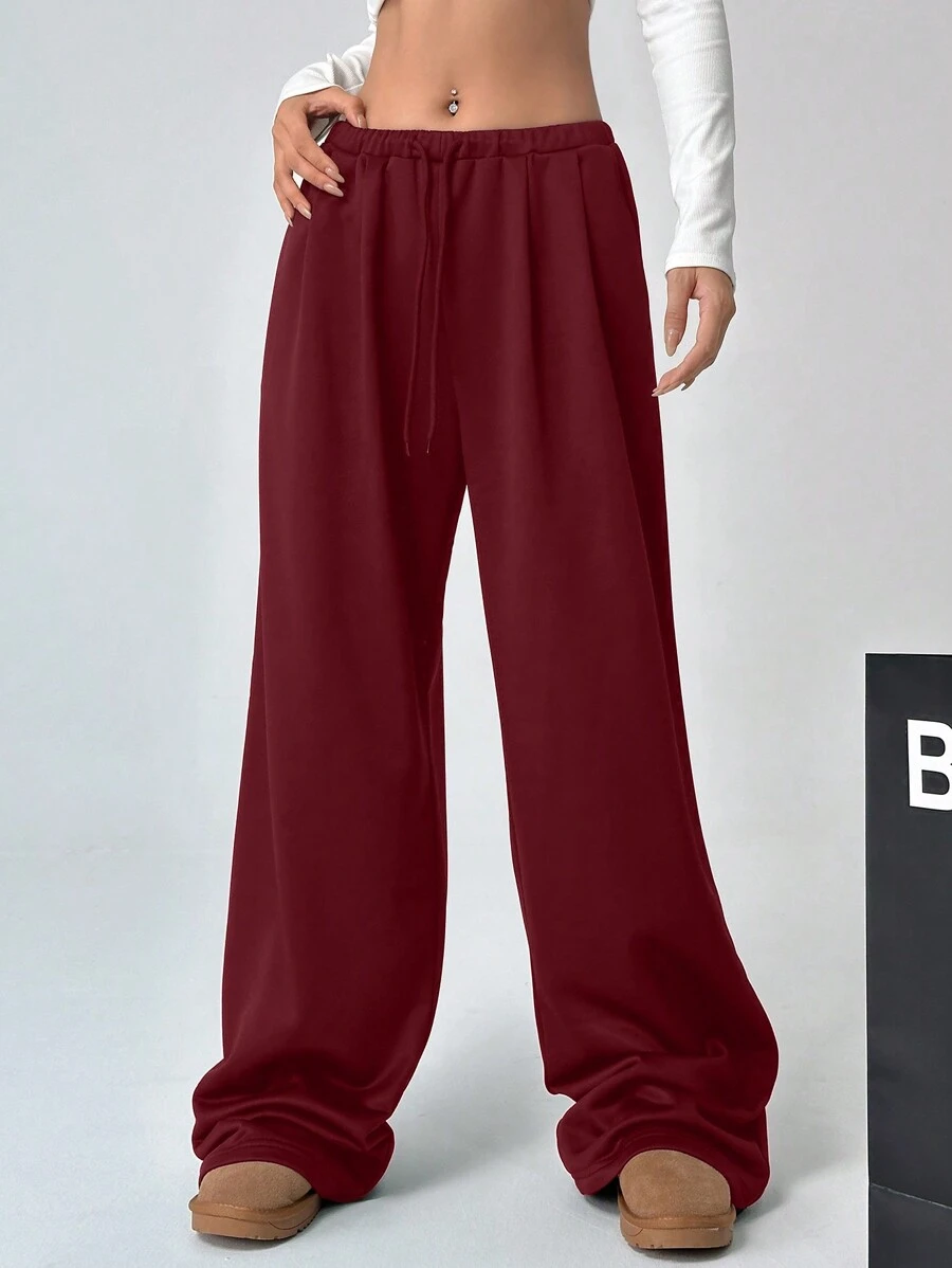 Muchica Quần dài thể thao ống rộng cạp chun rút màu trơn cho nữ - Màu Đỏ Sâu - Xem 1