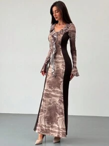 Aloruh Vestido de mujer con cuello en V profundo, bajo con volantes, estampado de mármol en contraste y mangas abombadas - Marrón - Ver 5