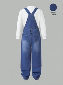 SHEIN Explorewe Tween Girls' Casual Side Button Pockets Denim Jumpsuit, Summer - Dark Wash - View 2