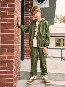 SHEIN 2 件 Tween Boy 休闲保暖内衬绿色连帽衫和宽松工装裤套装，秋冬 - 軍綠色 - 查看 3