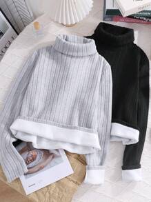 SHEIN Leap Crew Teen Girls 3-Pack Ribbed Knit Fitted All-Match Layering Tops/T-Shirts, Black & Grey - Multicolor - View 3