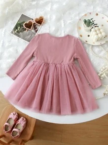 SHEIN Leap Crew Váy thu đông in hình trái tim cho bé gái, phù hợp cho kỳ nghỉ, ngoài trời, tiệc tùng - màu nâu - Xem 4