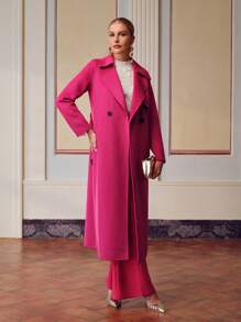 ZEYLAH LAPEL COLLAR BUCKLE BELTED OVERCOAT - Hot Pink - View 8