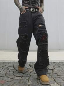 Manfinity EMRG Quần Jeans Nam Túi Và Quần Jeans Rách Dáng Thẳng Rộng Thường Ngày - màu đen - Xem 1