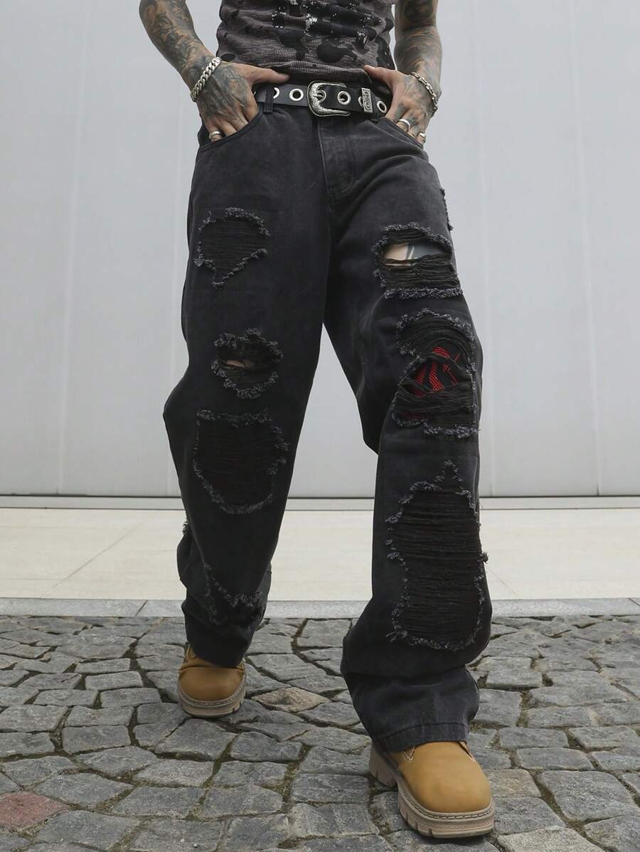 Manfinity EMRG Quần Jeans Nam Túi Và Quần Jeans Rách Dáng Thẳng Rộng Thường Ngày - màu đen - Xem 1