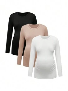 SHEIN Gravid Enfärgad Rund Hals Långärmad Plisserad Casual T-shirt, höst - Aprikos - Visa 4