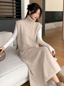 DAZY 2 件套女士纯色高领无袖上衣和裙子，优雅针织毛衣套装，适合秋冬 - 卡其色 - 查看 5