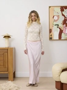 Aralina Falda larga con cinturilla de satén texturizado y detalle de encaje, de diseño deslizante - Rosa vieja - Ver 1
