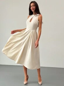Aloruh Women's Sleeveless Cutout Front A-Line Side Ruched Midi Dress, Elegant, Ins Style - Apricot - View 3