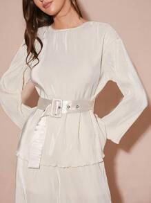 Enchnt Women Casual Solid Color Pleated Long Sleeve Top, Autumn - Apricot - View 2