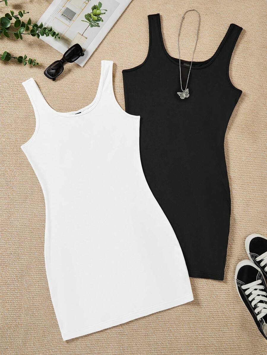SHEIN EZwear 2pcs Women Casual Sleeveless Bodycon Dress, Suitable For Summer - Multicolor - View 1