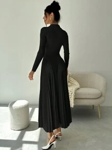 Firerie 女士优雅褶皱 A 字形长袖紧身连衣裙，百搭秋季 - 黑色 - 查看 3