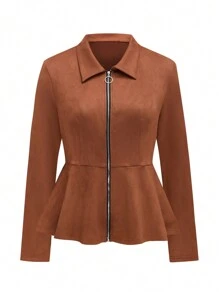 SHEIN LUNE Damen Fleecejacke aus Veloursleder in Unifarbe , Große Größen, für den Herbst