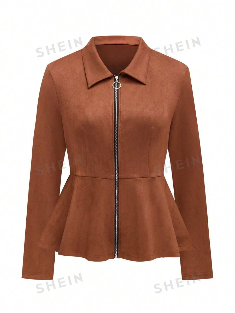 SHEIN LUNE Damen Fleecejacke aus Veloursleder in Unifarbe , Große Größen, für den Herbst