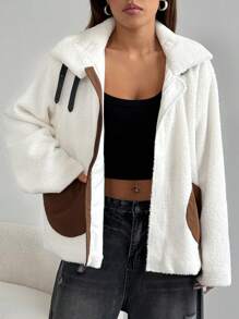 Flirla Women Casual Contrast Color Dropped Shoulder Loose Patchwork Pocket Sherpa Jacket, Autumn/Winter Fall Cloth For Women