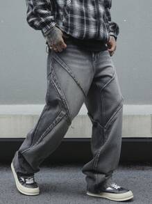 Manfinity EMRG Men's Straight Relaxed Fit Casual Jeans With Pockets, Plain Long Baggy Dark Grey Washed Jeans, For Husband, Boyfriend Gifts - Black - View 4