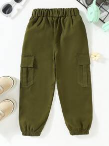 年轻女孩休闲字母和卡通印花绿色工装裤 - 軍綠色 - 查看 2