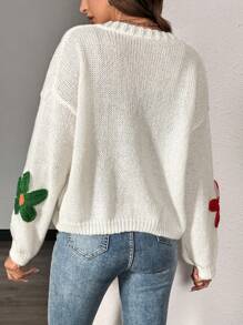 Chiquease 休闲日常花卉图案纽扣前落肩宽松开衫，秋冬 - 白色 - 查看 2