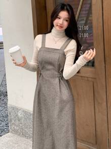 DAZY 女士休闲收腰人字形长裙，秋季 - 卡其色 - 查看 4